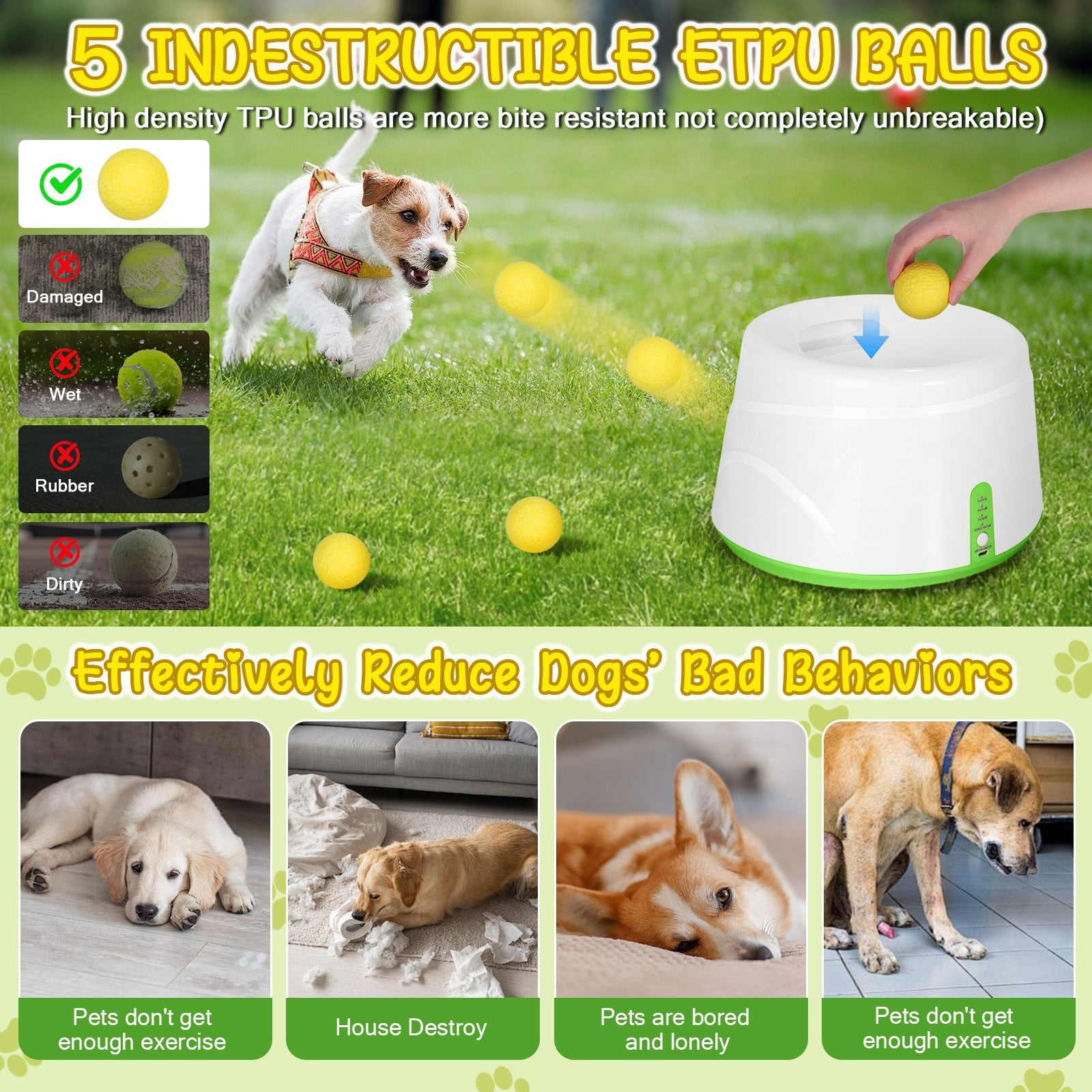 CJC Dog Ball Thrower Dog Automatic Ball Launcher for Dogs, 3 Adjustable Distances, 5 Balls Included – Interactive Fetch Toy for Indoor & Outdoor Play (Green)