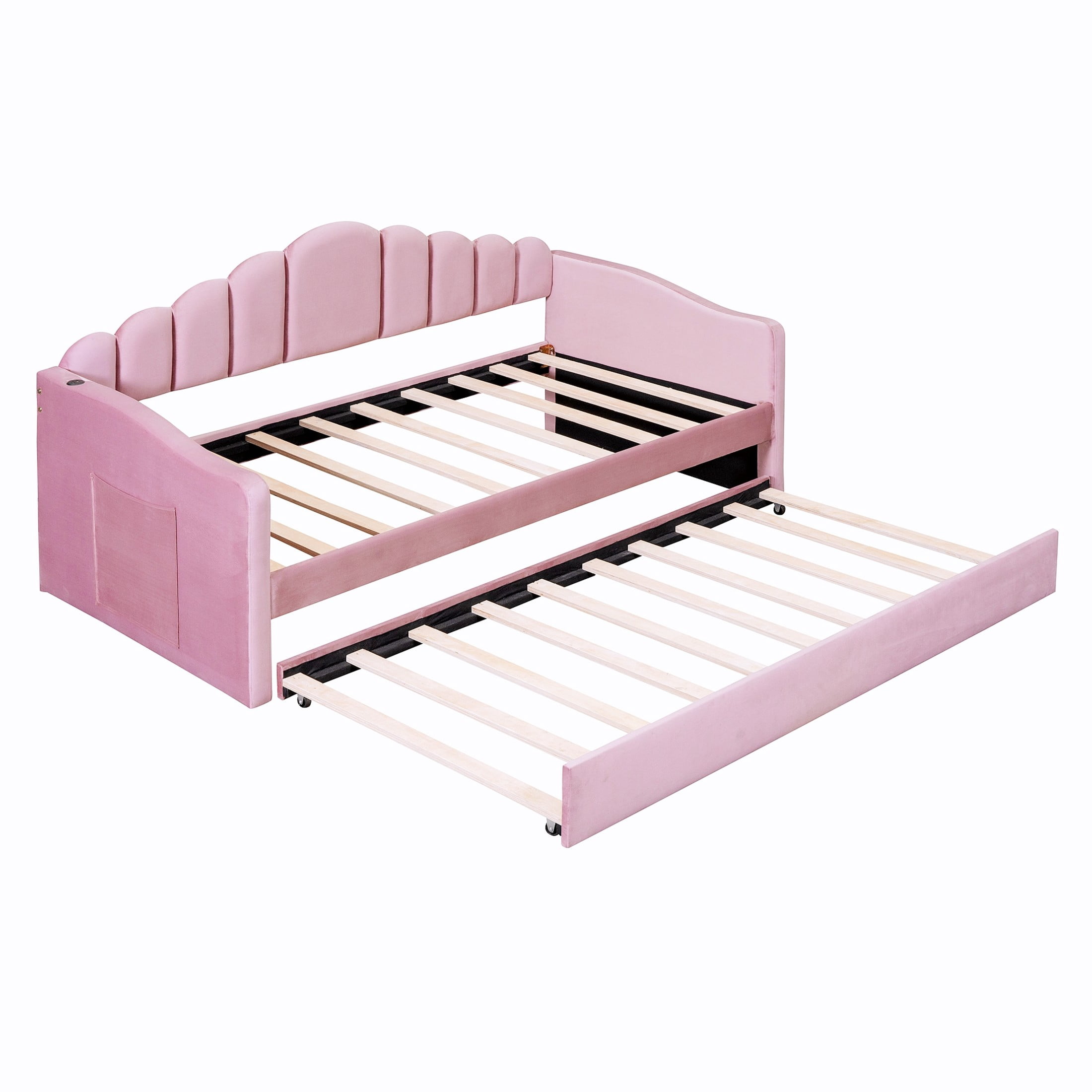 Noble House Twin Upholstered Daybed with Trundle and USB Charging Ports, Velvet Sofa Bed, Pink