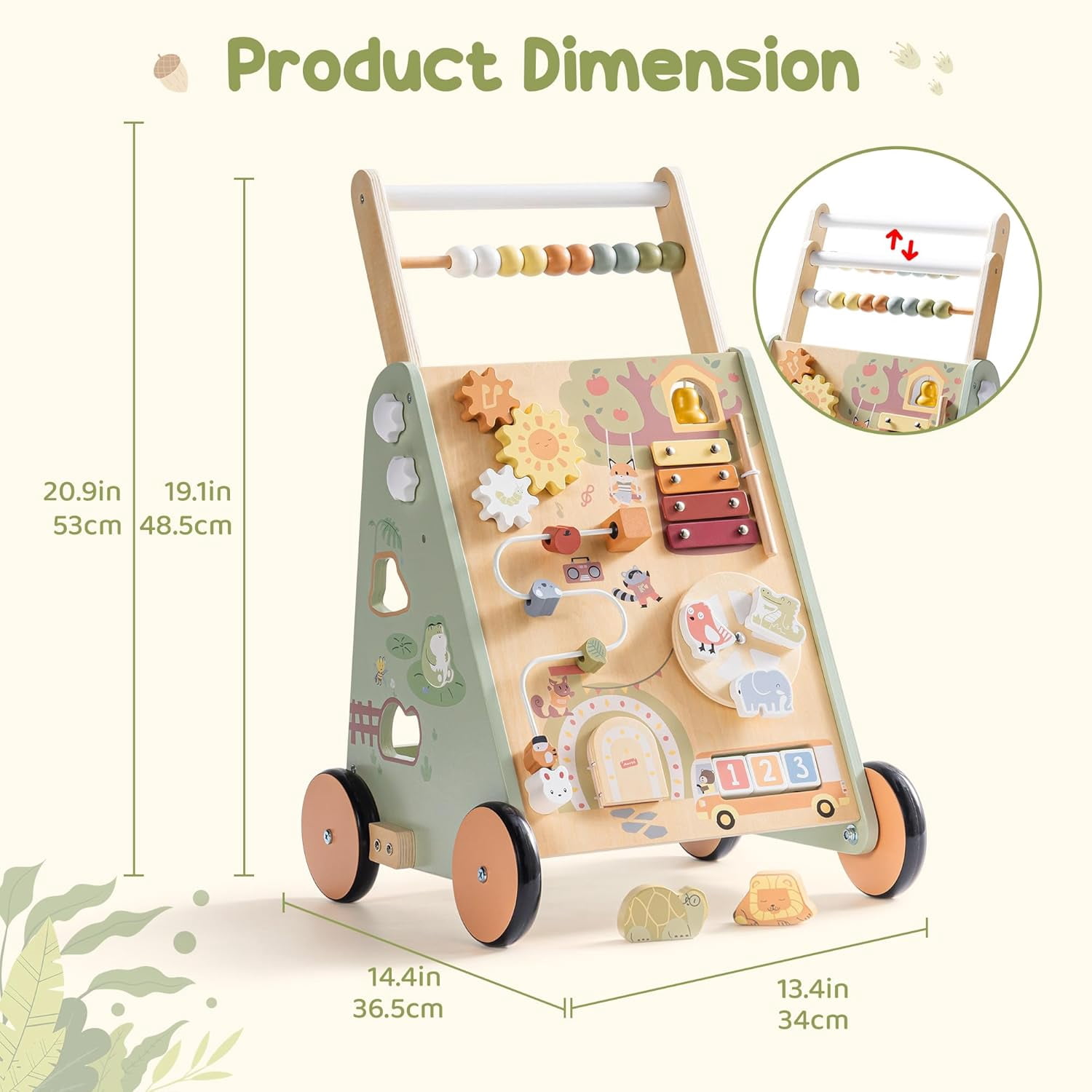 Robud Wooden Baby Walker, with Wheels, Montessori Push Toys for Babies 10M+ Learning to Walk, Baby Walkers Activity Center for Boys and Girls, Green, Forest Fairy Tale
