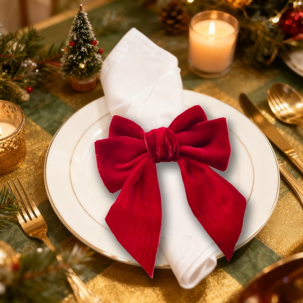 Servilletero Navideño con Lazo y Hebilla de Tela de Poliéster Verde y Rojo para Decoración de Mesa Festiva | Accesorio Reutilizable para Cenas Festivas | Servilletero Navideño Fácil de Usar para Temp