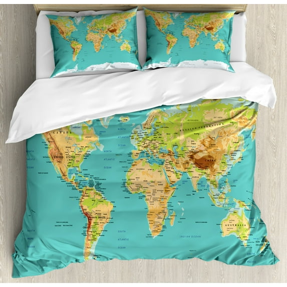 Map Duvet Cover Set, Map of The World Geography Continents and Countries Physical Cartography Image, Decorative 3 Piece Bedding Set with 2 Pillow Shams, Queen Size, Aqua Blue, by Ambesonne