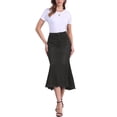 thumbnail image 2 of Falda midi casual de mujer de mezclilla con cola de pez, cintura alta, dobladillo sin terminar y bolsillos, color negro, 2 of 6
