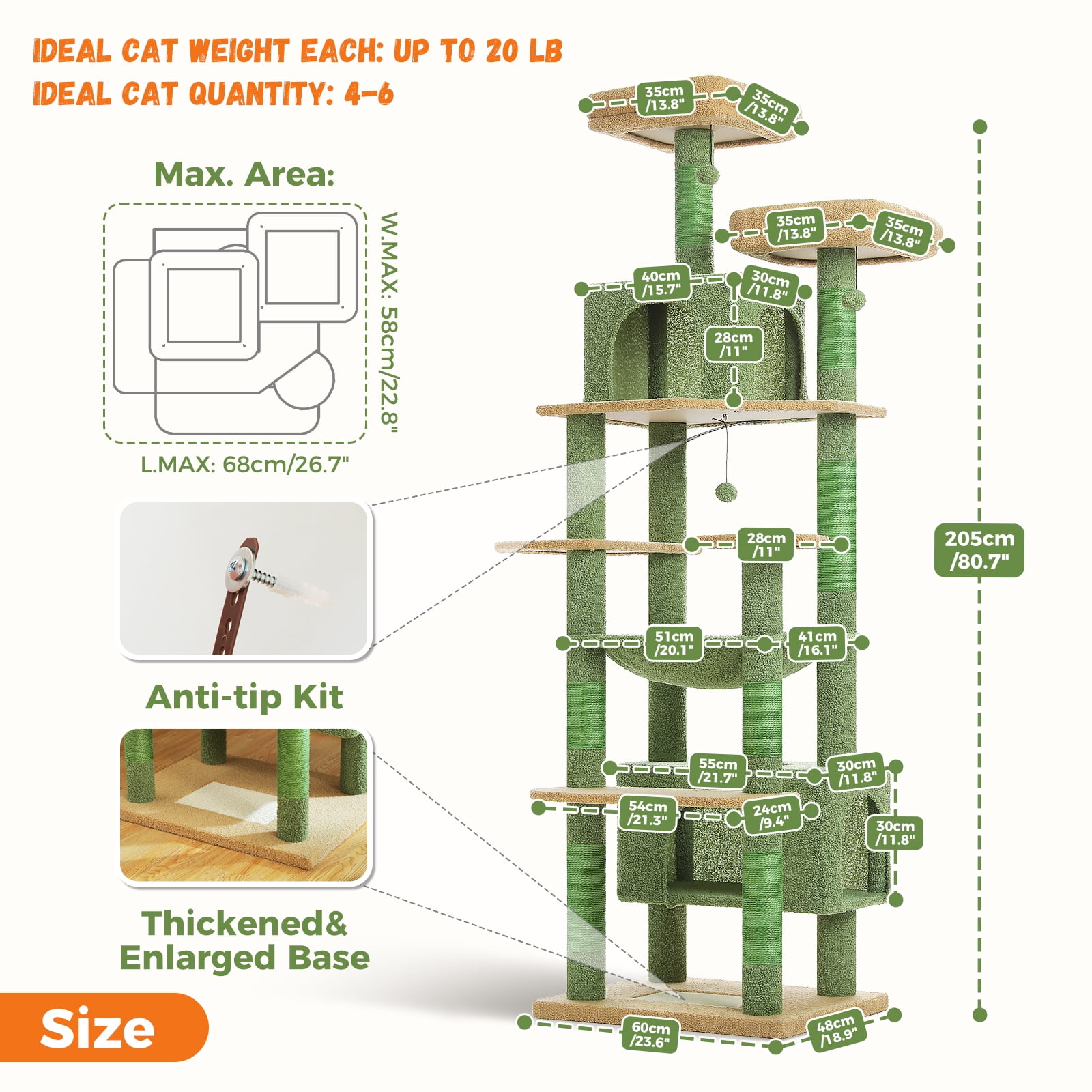 Pefilos 81" Tall Cat Tree for Large Cats, Heavy Duty Cat Tower with 2 Perches, 2 Condos and Spacious Hammock, Large Condo with 7 Scratching Posts, Green