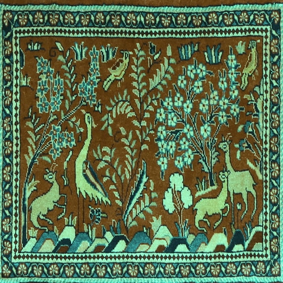 Ahgly Company Machine Washable Indoor Square Animal Turquoise Blue Traditional Area Rugs, 4' Square