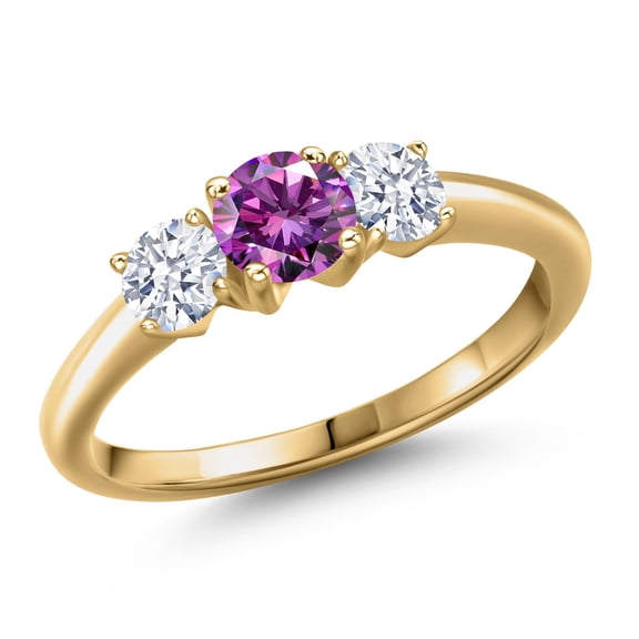 Gem Stone King 18K Yellow Gold Plated Silver Fancy Purple Zirconia and White Zirconia Engagement Ring for Women | 0.96 Cttw | Round 5MM | Gemstone Birthstone | Size 6