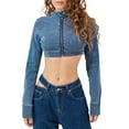 thumbnail image 2 of Biekopu Women's Cropped Denim Jacket Stand Collar Zipper Jacket Long Sleeve Jean Coat Fall Casual Slim Outerwear, 2 of 9