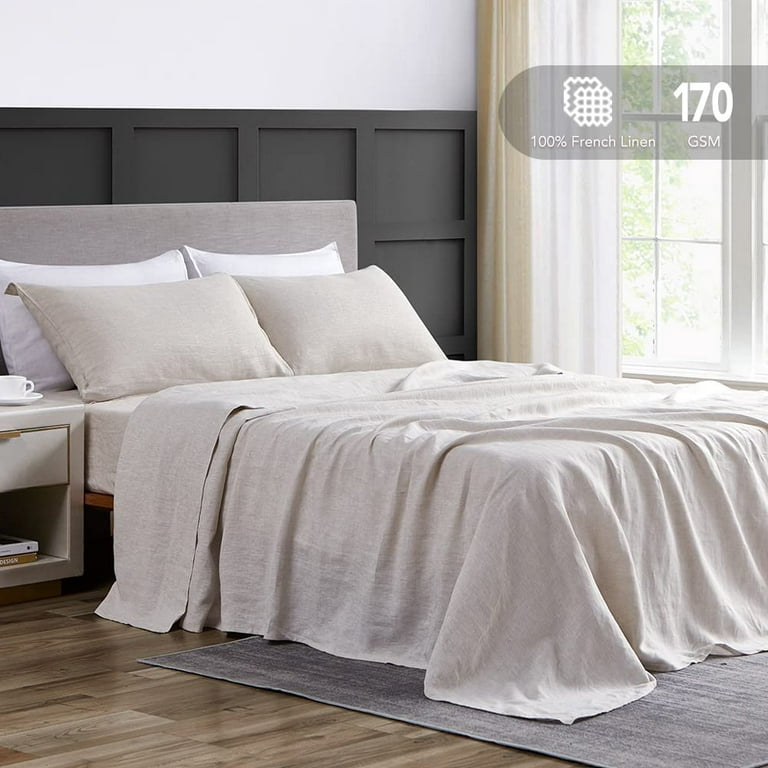 DAPU Pure Stone Washed Linen Flat Sheet 100% French Natural Linen European  Flax (Off White, Full).
