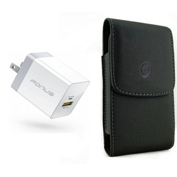 Fast Home Charger & Case Belt Clip for iPhone 15 Pro - 36W 2-Port USB Type-C Port Travel and Leather Holster Cover Pouch B1J for iPhone 15 Pro (6.1")