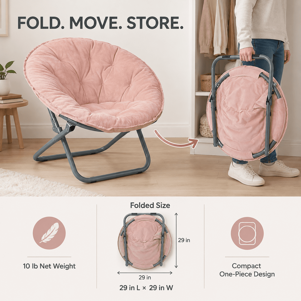 CLOUDREST PRO Soft Plush Folding Saucer Chair for Adults, Padded Round Lounge Seat, Metal Frame, 300 lb Capacity, Pink