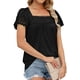 thumbnail image 3 of Blusa de manga corta con costuras de encaje Camiseta informal holgada de manga corta de color puro para mujer Negro XL, 3 of 6