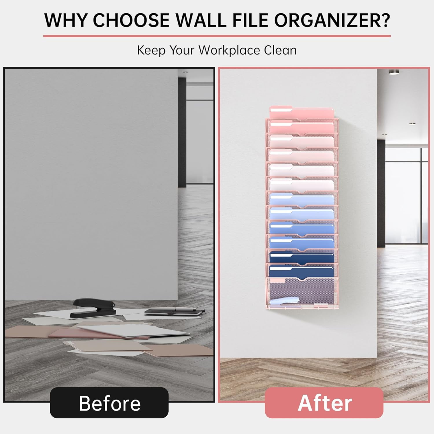 INTIGE 13-Tier Wall File Organizer with Hooks, Hanging File Organizer for Office School Home,Pink