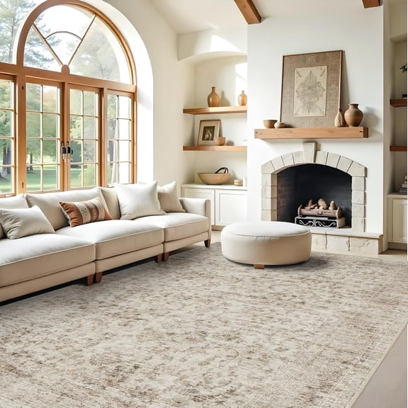 YOUFORTONG 9 x12 Vintage Washable Area Rug,Large Stain Resistant Carpet with Non Slip Backing for Living Room Bedroom Home Decor,Beige-Brown