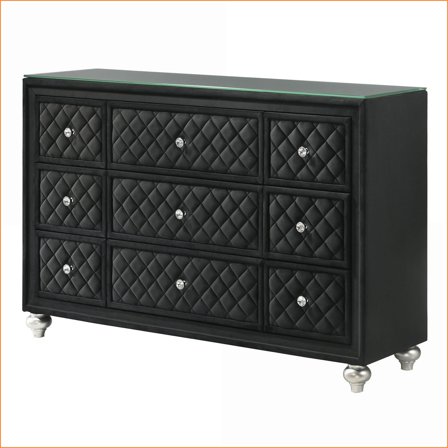 Dresser, Glam 9-Drawer with Velvet Tufted Fronts & Faux Crystal Knobs | Black | Wood
