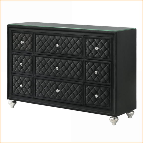Dresser, Glam 9-Drawer with Velvet Tufted Fronts & Faux Crystal Knobs | Black | Wood