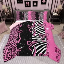 Homewish Girly Pink Fashion Bedding Comforter Set, Leopard Cheetah Print Twin Comforter Sets, Kawaii Cartoon Ribbon Bow Reversible Bedding Set, Super Cozy Room Decor, 2-Piece