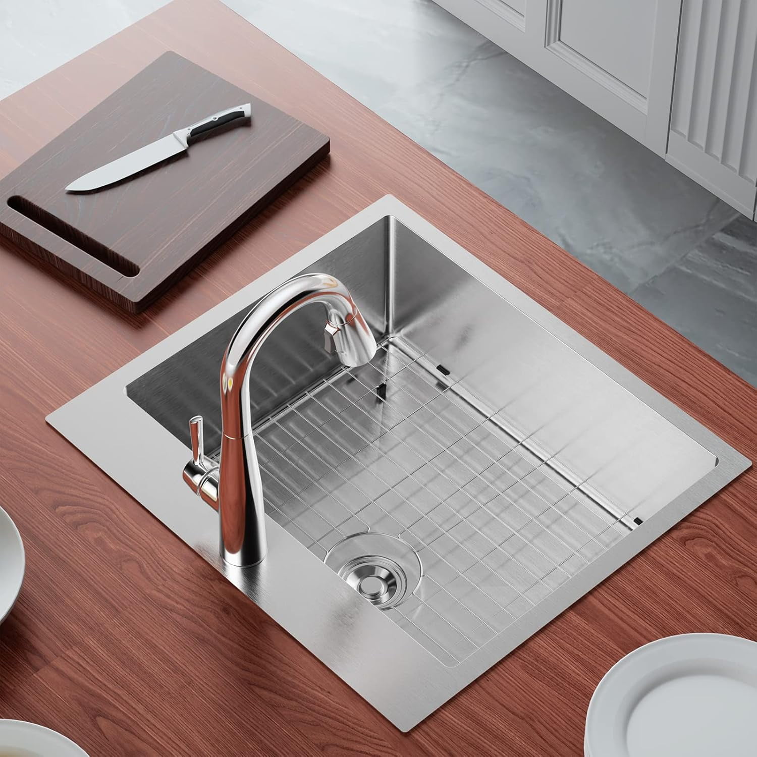 Ktaxon 25" x 22" Drop-In 304 Stainless Steel Workstation Kitchen Sink, 18 Gauge Single Bowl with Grid & Drain Strainer