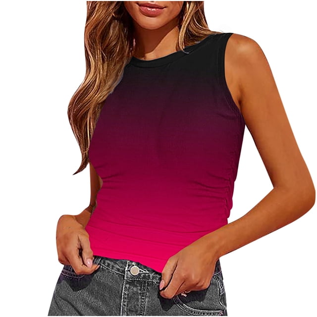 Plebaso Débardeurs Dégradés pour Femmes Col Rond Froncé T-Shirts Sans Manches Décontractés Été 2025