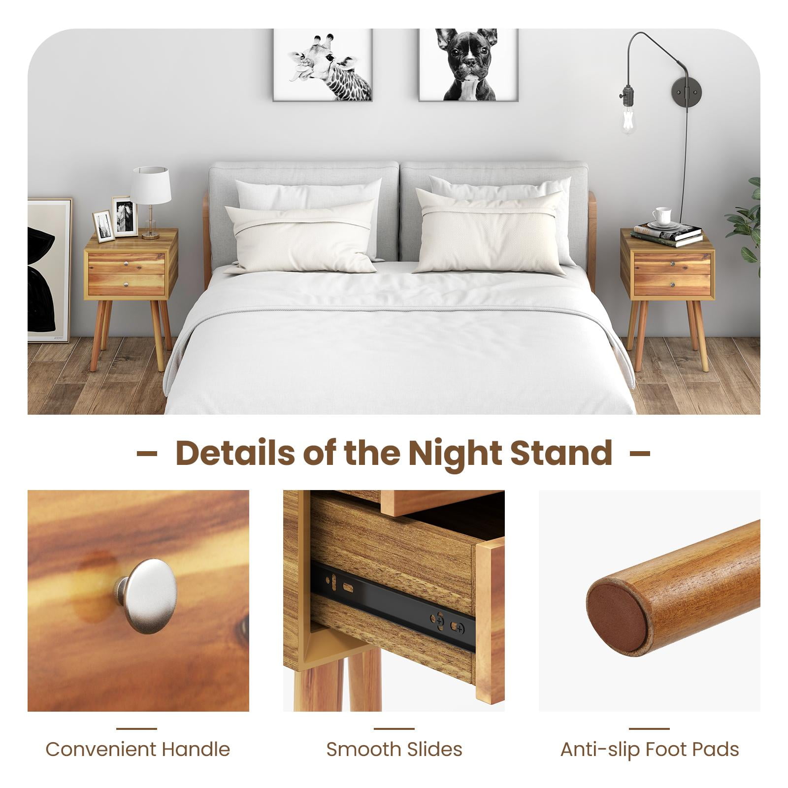 Giantex End Side Table Nightstand with Storage Drawer and Shelf, Wood Nightstand with 2-Drawers, Living Room Bedroom Furniture