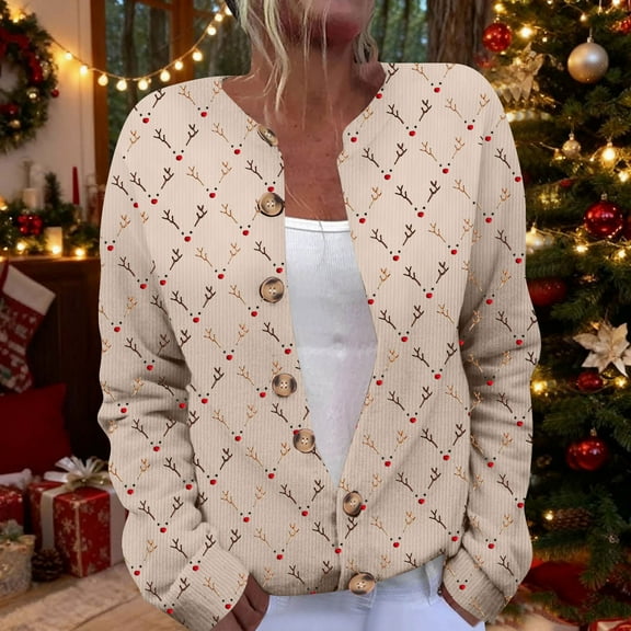 Hueook Womens Winter Coat Women's Merry Christmas Cardigan Long Sleeve Hollowed Out Print Casual Jacket Beige S