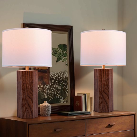 2 Pack 26" Modern Wood Table Lamp With Oatmeal Linen Shade, Brown Wood Base, E26 Socket, ON/OFF Switch, Aesthetic, Minimalist Bedside Accent Lamp(Bulbs Not Included)