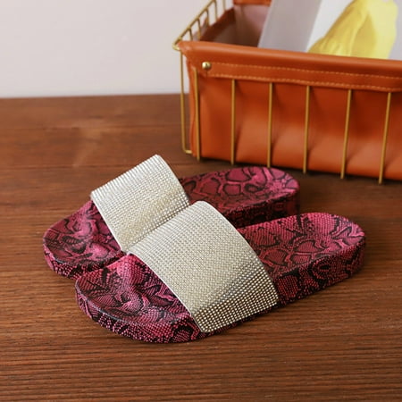 

Cathalem Slippers for Wide Feet Women Snakeskin Rhinestone Flat Bottom Straight Line Womens Clog Slippers with Soles for Outdoors Red 7