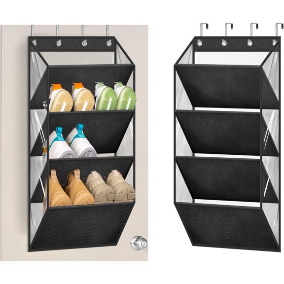 Clear Over the Door Shoe Organizer Storage, Deep Pockets Large Hanging Shoe Rack for Closet Door, Fit Holder Hanger for Sneakers, Boots (Black)