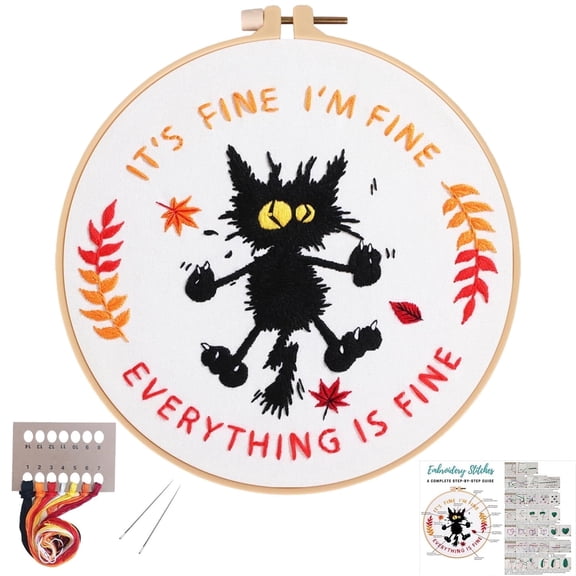 VOCHIC Cute Cat Embroidery Kits for Beginners with Funny Animal Pattern,Adults Starter Cross Stitch Kit DIY Needlepoint Kits-It's Fine I'm Fine Everything is Fine