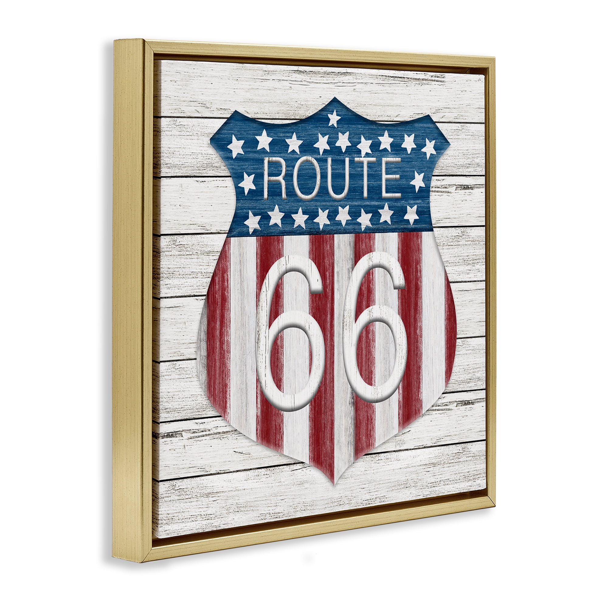 Stupell Industries Rustic Route 66 Patriotic Painting Gold Floater Framed Canvas Art Print Wall Art, 25 x 25