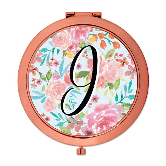 Koyal Wholesale Compact Mirror Bridesmaid's Wedding Gift, Rose Gold, Monogram Letter I, Tea Party Pink Floral Flowers