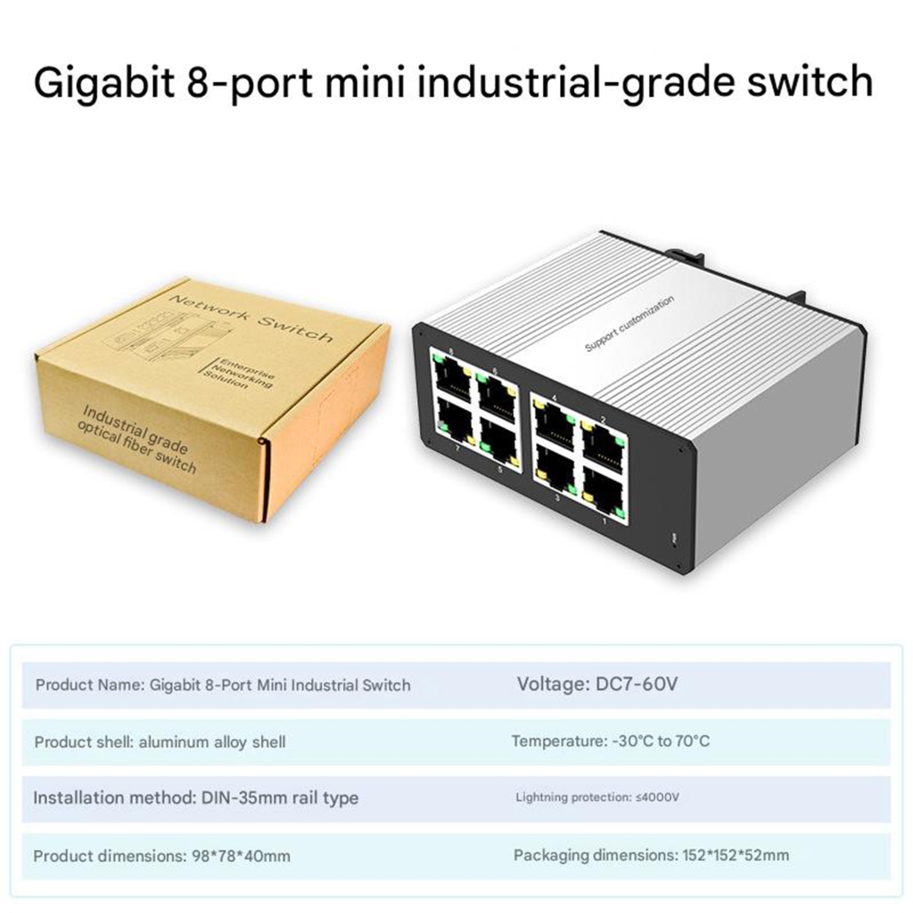 Zeiwohndc Industrial Mini 8 Port Gigabit Ethernet Switches Aluminum Case No Power Unit