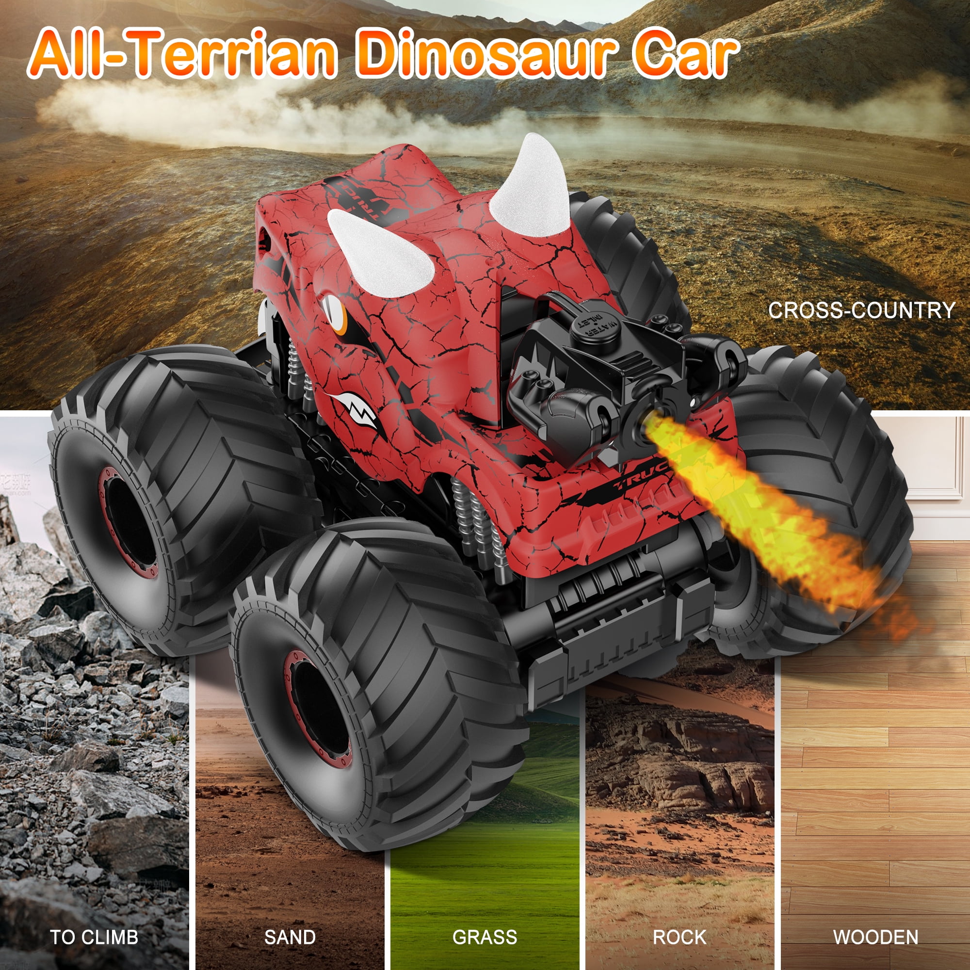UUGEE Remote Control Car Toys, 2.4GHz RC Dinosaur Cars for Boys Girls Toddlers, 360° Rotating Monster Trucks with Light, Sound & Spray, Christmas Birthday Gifts for Kids 6 7 8