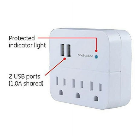 GE - 3-Outlet/2-USB Wall Tap Surge Protector - White