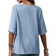 thumbnail image 3 of Women'S Round Neck Short Sleeve Cotton and Linen Button Fashion Casual Top Loose Formal Work T-Shirt Light Blue S, 3 of 7