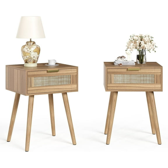 UNDUSLUY Rattan Nightstand Set of 2, Boho Side Table with Drawer, Small Bedside End Table with Solid Wood Feet for Bedroom, Living Room, Small Space(Brown)