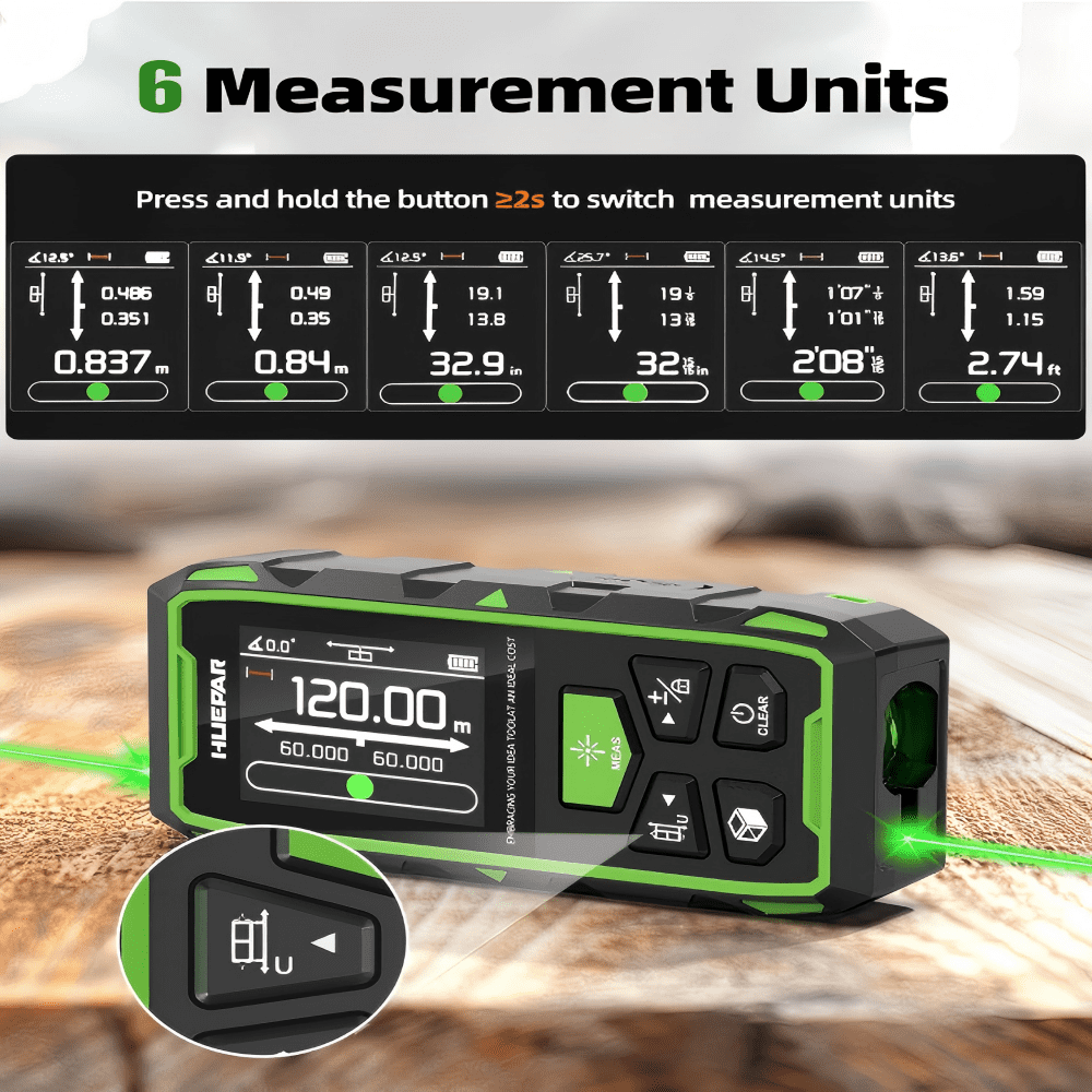 Huepar 393Ft Dual Green Laser Distance Measure, Rechargeable Digital Tool, LCD Backlit, 6 Units (Ft/In/M), Length/Area/Volume/Angle Sensor