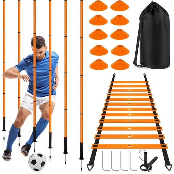 Soccer Agility Training Equipment: 6 Soccer Agility Poles, 20ft Agility Ladder, 10 Soccer Cones, 1 Jump Rope. Soccer Training Poles for Speed Training, Agility Training