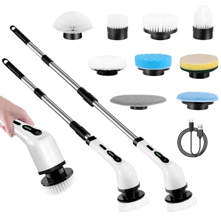 Yarigot Electric Spin Scrubber for Cleaning with 9 Replaceable Heads and Long Handle, Dual Speed 360 Electric Spin Brush for Cleaning Bathroom Floor Tile Tub