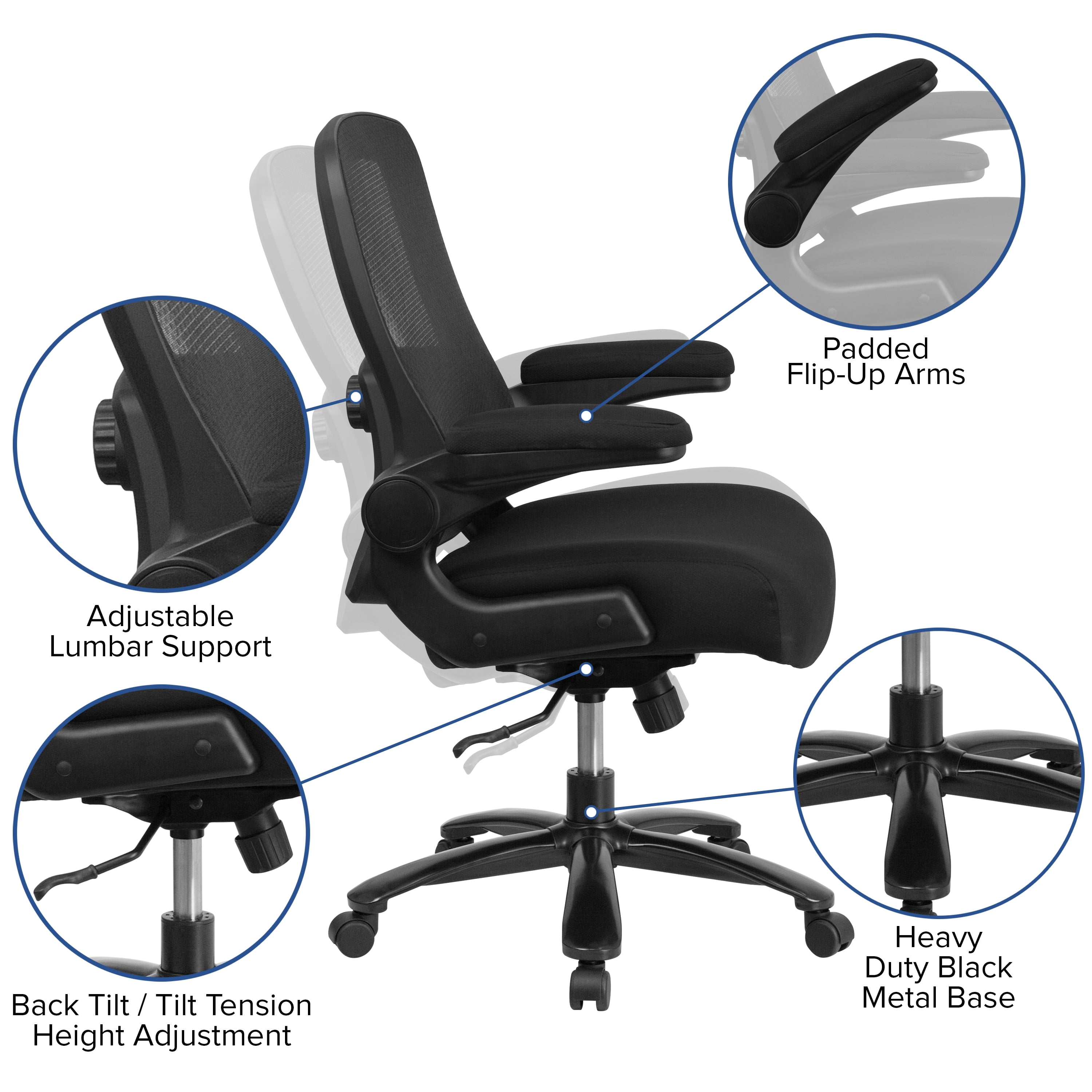 Emma + Oliver 500 lb. Big & Tall Black Mesh/Fabric Ergonomic Office Chair - Adjustable Lumbar