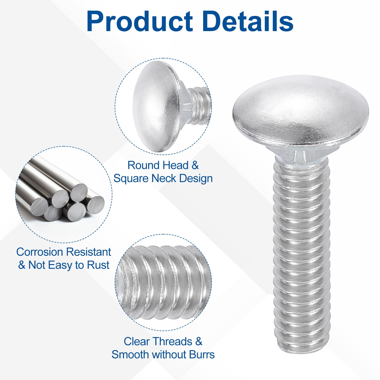 Uxcell 25Pack 1/4"-20x2-3/4" Stainless Steel Carriage Bolts Round Head Square Neck, Silver