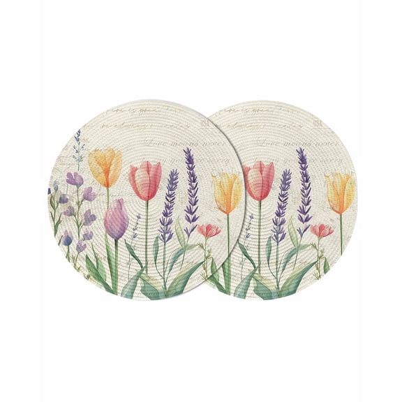 Spring Floral Round 15 Inch Placemats Set of 2, Summer Colorful Tulip Botanical Vintage HeatResistant Non Slip Place Mats for Dining Table, Wipeable Braided Kitchen Table Mats for Housewarming