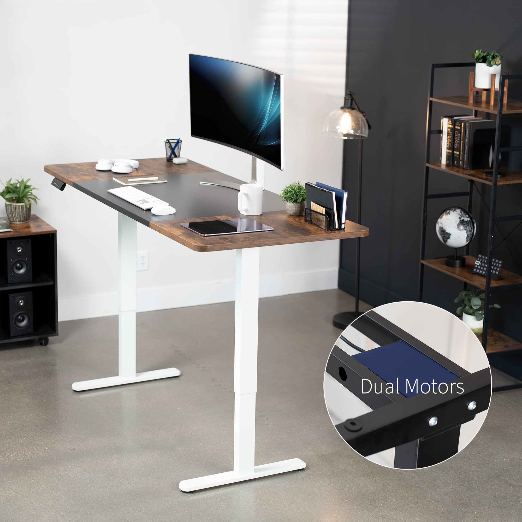 VIVO Electric Dual Motor 71” x 30” Desk, Black & Vintage Brown Top, White Frame
