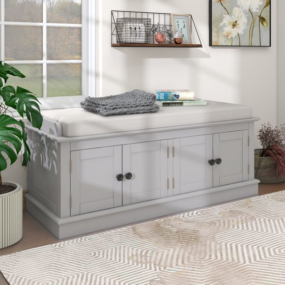 2-Tier Storage Bench, Shoe Bench with Padded Seat Cushion, Entryway Bench with 4 Barn Doors, Adjustable Shelf, 16" D x 42.7" W x 17.4" H, for Entryway, Living Room, Bedroom, Grey
