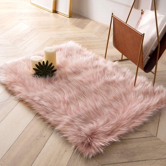 Phantoscope Faux Sheepskin Fur Area Rug, Soft Fluffy Faux Fur Carpet, Pink, 2 x 3 ft, Rectangle