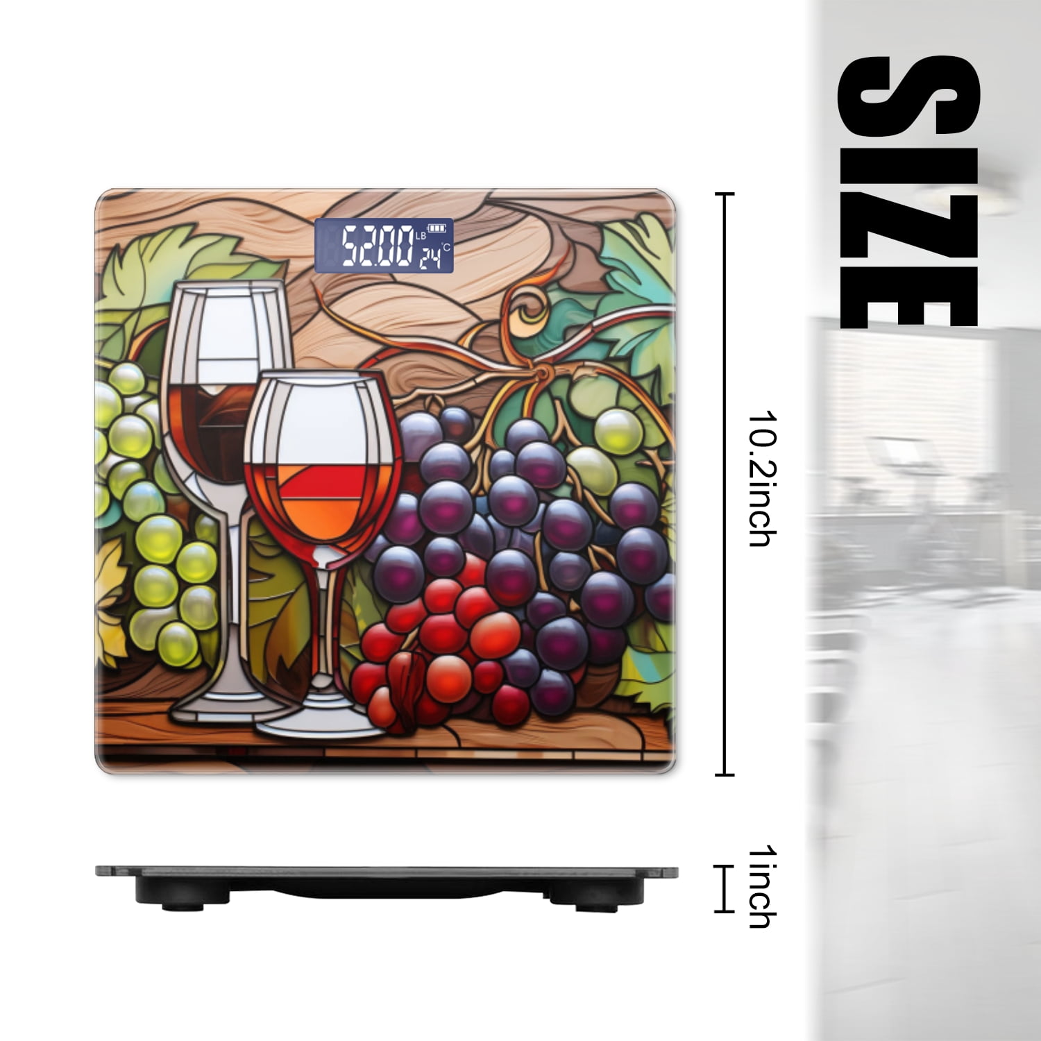 Bathroom Scale, Highly Accurate Digital Body Scale,Precisely Measures Weight up to 400 lbs-Wine Glasses And Grapes In Stained Glass Style On Wooden Background