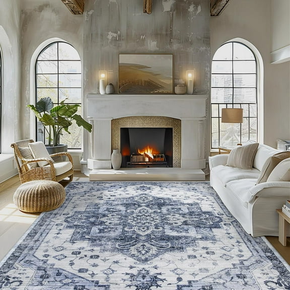 Washable Rug Living Room Rugs: 8x10 Area Rug Large Soft Boho Vintage Medallion Carpets Indoor Floor Anti Slip Non-Shedding Thin Carpet for Bedroom Dining Room Farmhouse Nursery Home Office-Blue/White