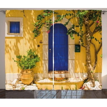 Ambesonne Yellow and Blue Curtains 2 Panel Set, Greek House, 108" x 90", Multicolor