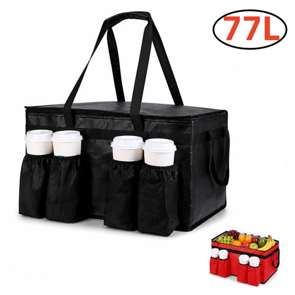 Tripumer Insulated Food Cooler Bag with 4 Cup Holders, 77l Leak-Proof Catering Bag, Reusable for Food/Grocery Delivery and Daily Use, Black