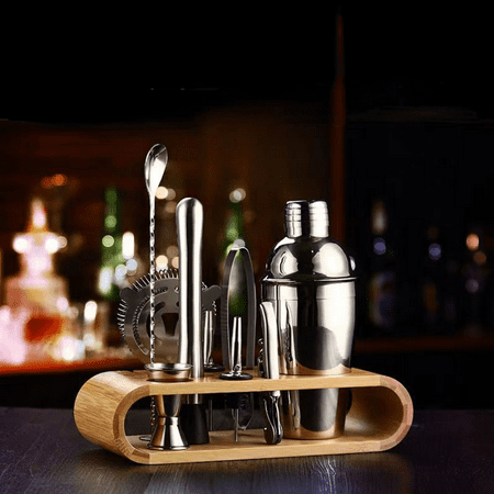 Set Of 10, Bar Set, Stainless Steel Bar Cocktail Shaker Set, Shaker Set, Storage Rack With Wood