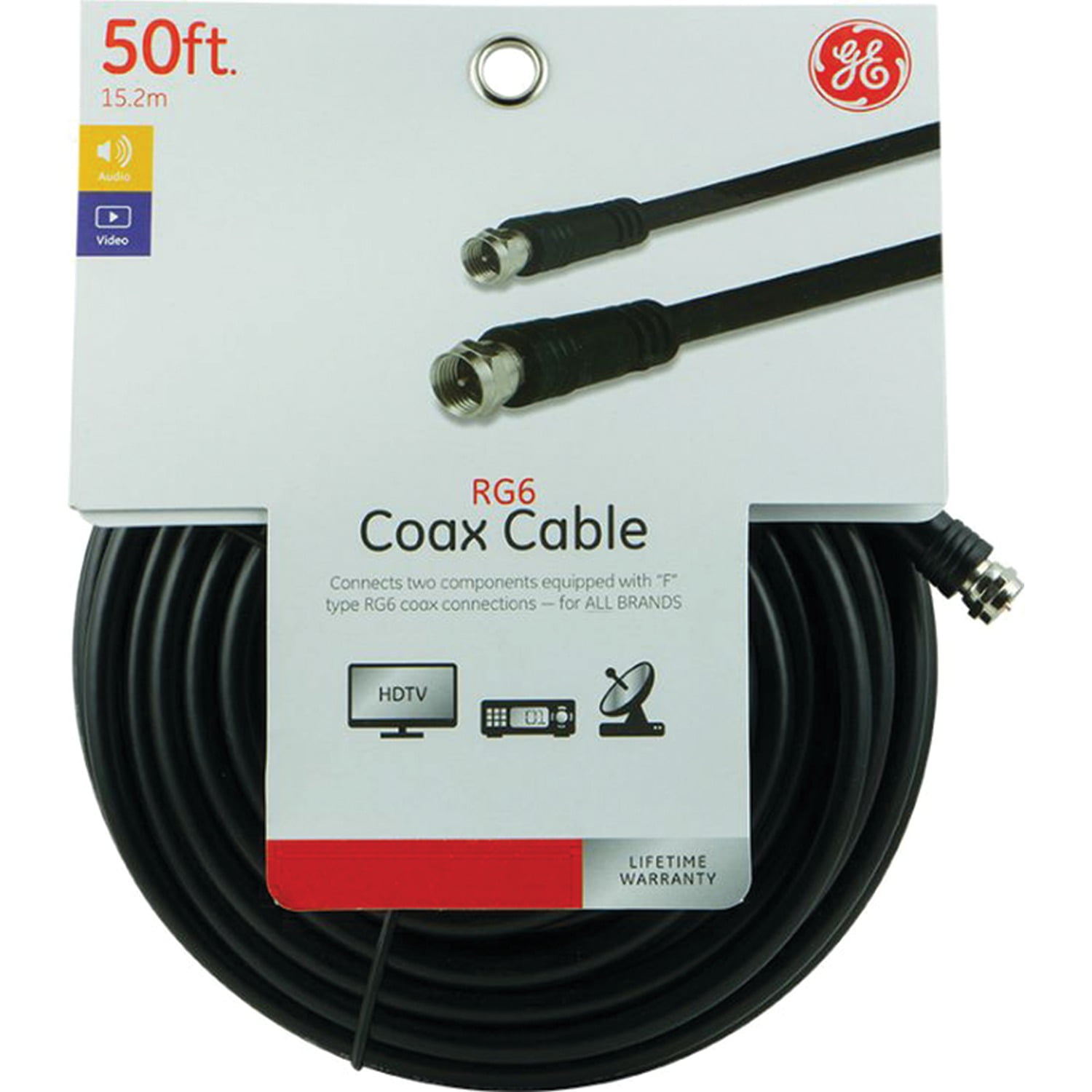 GE 50ft Coaxial Cable, F-Type Connectors, Black, 33600