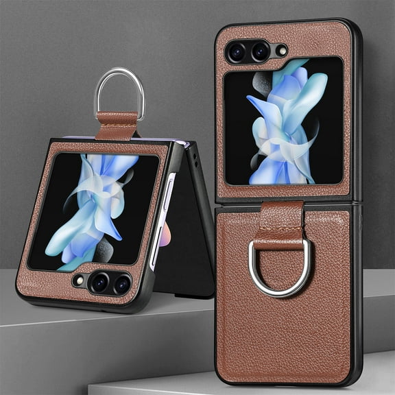 Cases for Samsung Galaxy Z Flip 7 Case with Ring, Hard PC   Luxury PU Leather Shockproof Protective Phone Cover Compatible with Samsung Galaxy Z Flip 7, Brown